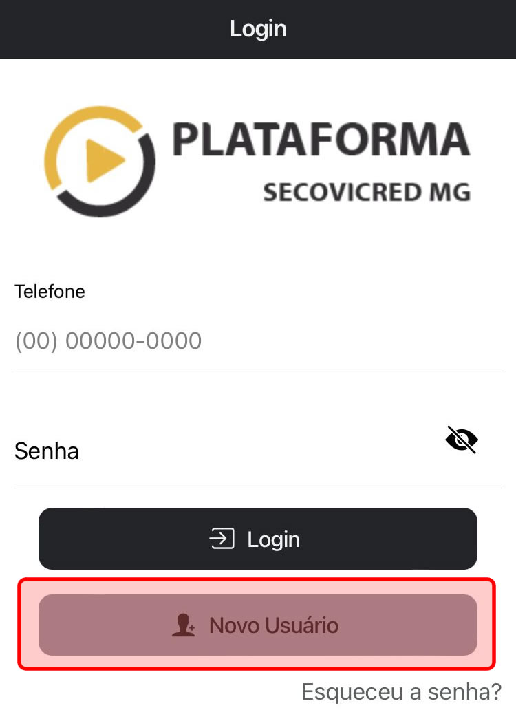 Tela para cadastrar novo usuário