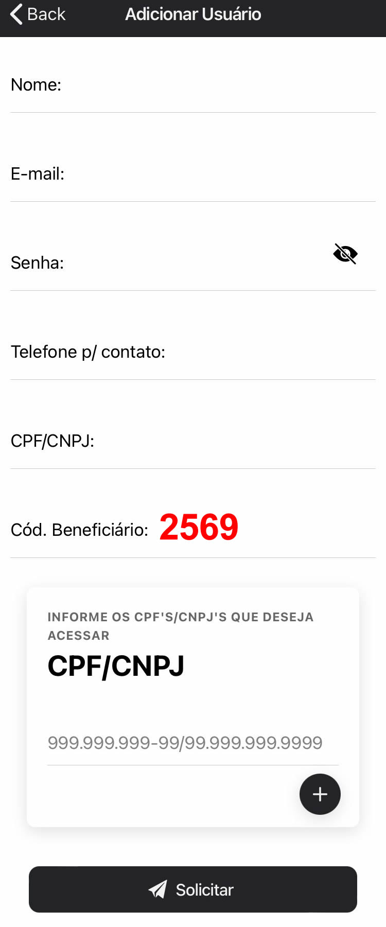 Tela para informar dados e código do beneficiário