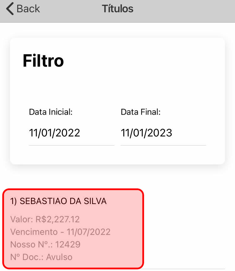 Tela com nome do locatário