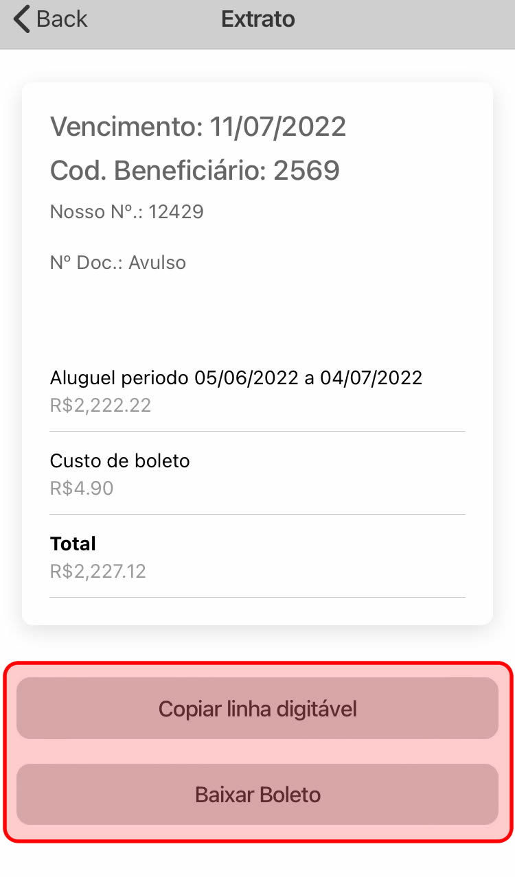Tela para copiar código de barras ou baixar boleto