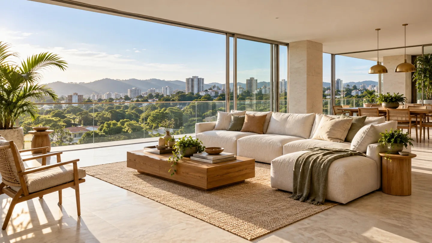 Interior residencial com luz natural, em imagem ilustrativa