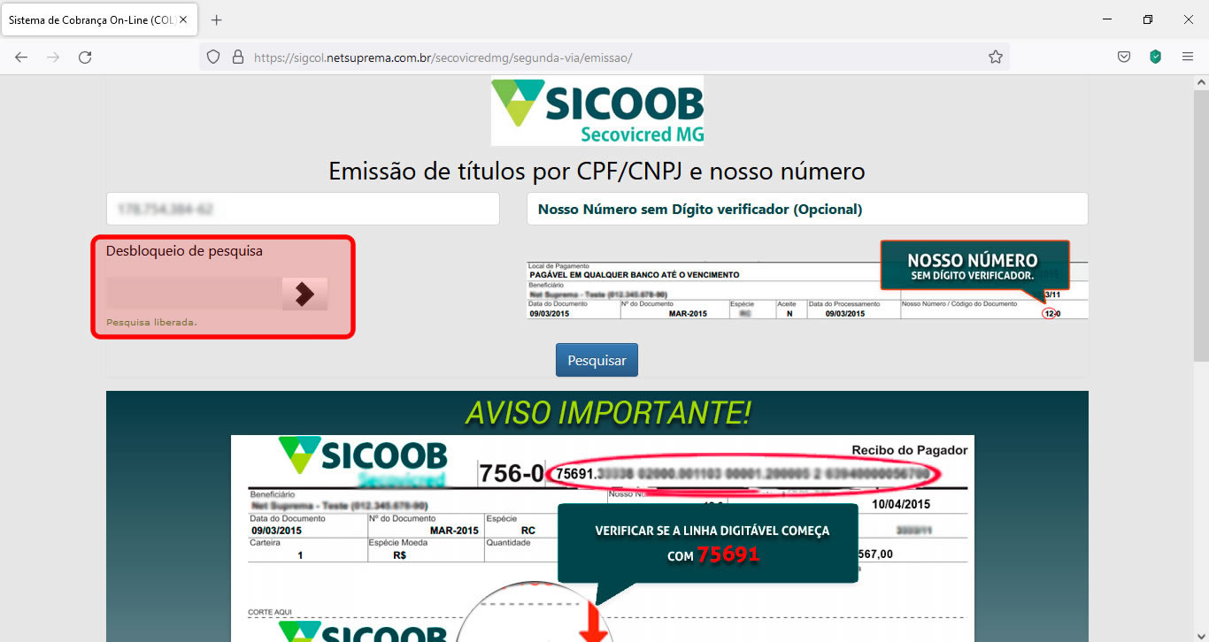 Tela de desbloqueio da pesquisa