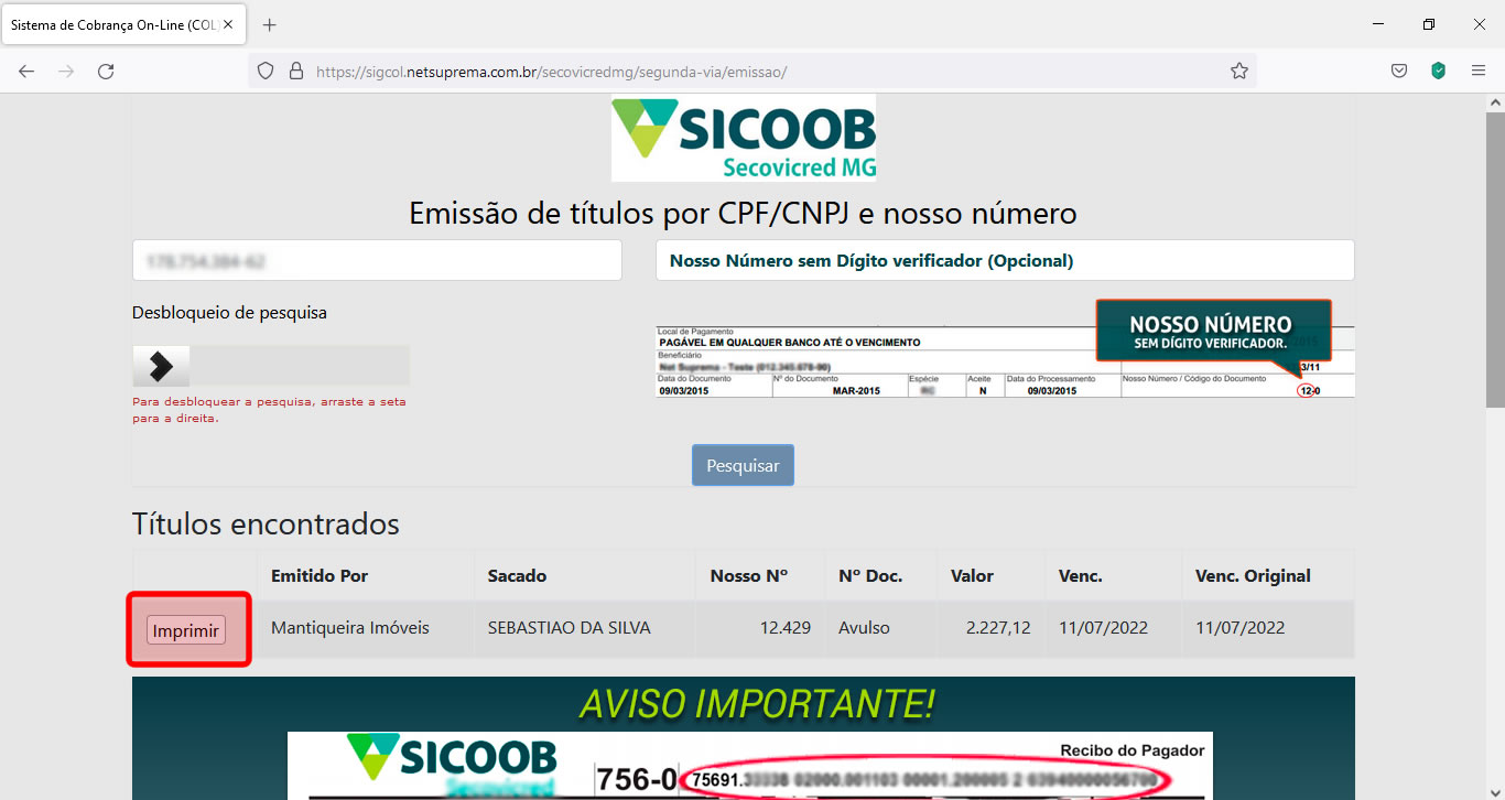 Tela de confirmação dos dados do boleto